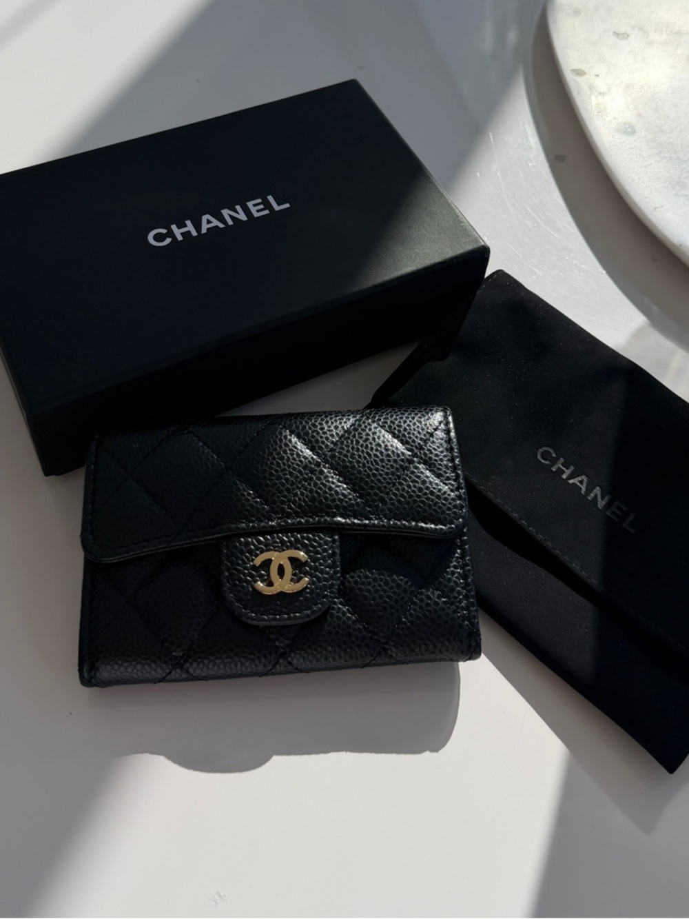 CHANEL Black Quilted Caviar Leather Card Wallet with Gold CC